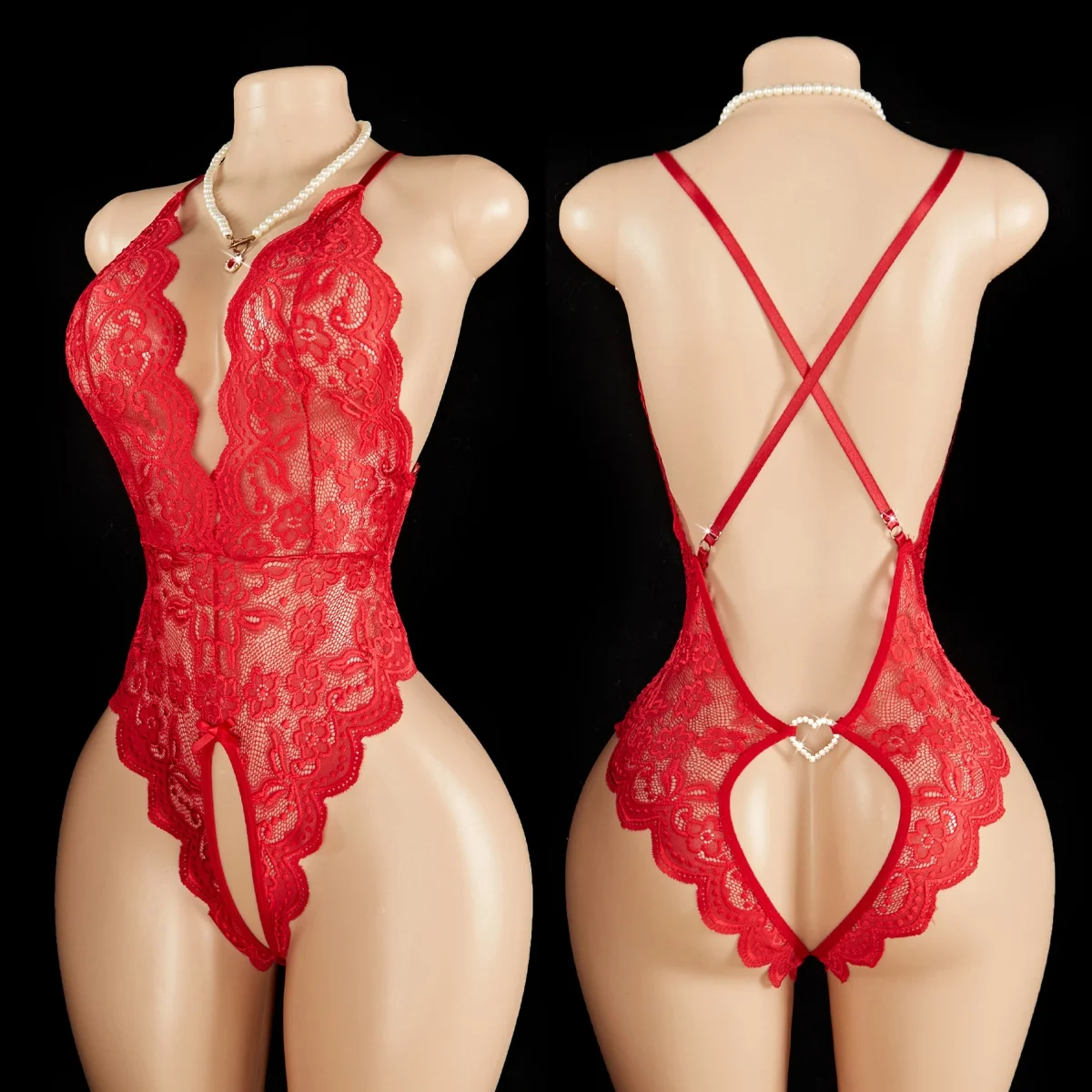 

Red Backless Sexy Crotchless Transparent Lace Teddy Babydolls Bodysuits Women One-piece Deep V Neck Open Bra Erotic Hot Lingerie