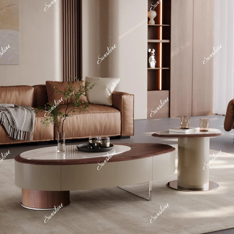 

Living room, coffee table, combination design, high-end Italian minimalist oval microcrystalline stone high-end
