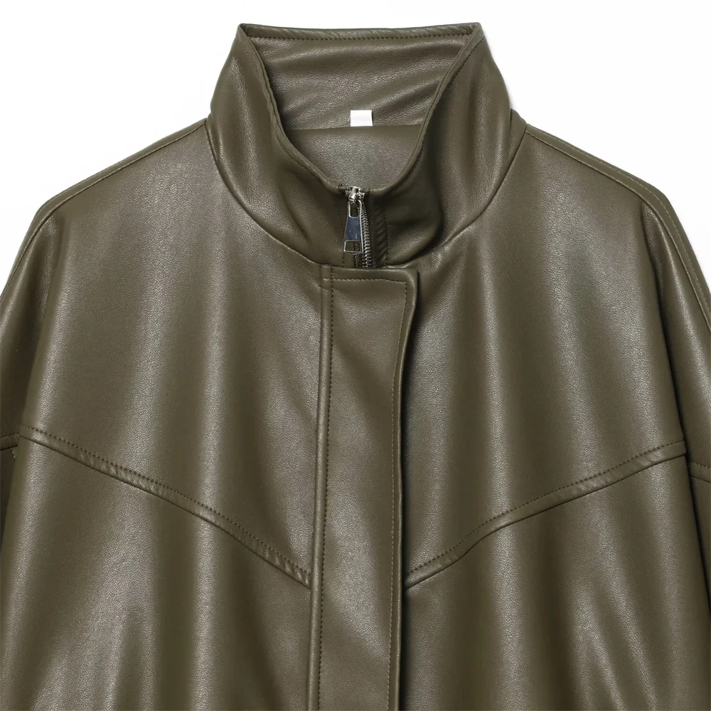 2025 Winter New Women's Simple Casual Long Sleeve Stand up Collar Imitation Leather Pilot Zipper Jacket Coat