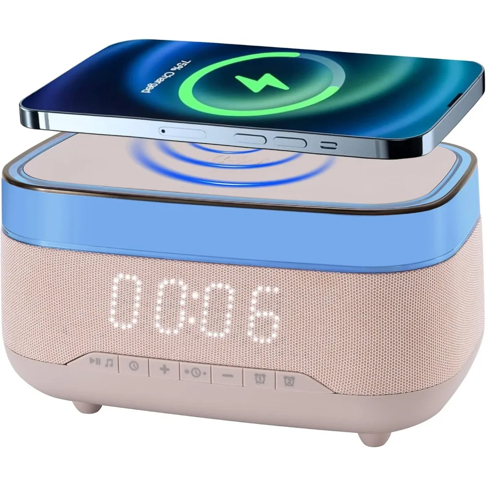 

XMSJ Bluetooth Speaker with Wireless Charging Dual Alarm Clock,3 Levels Brightness Bedside Lamp Digital Clock 12/24Hr