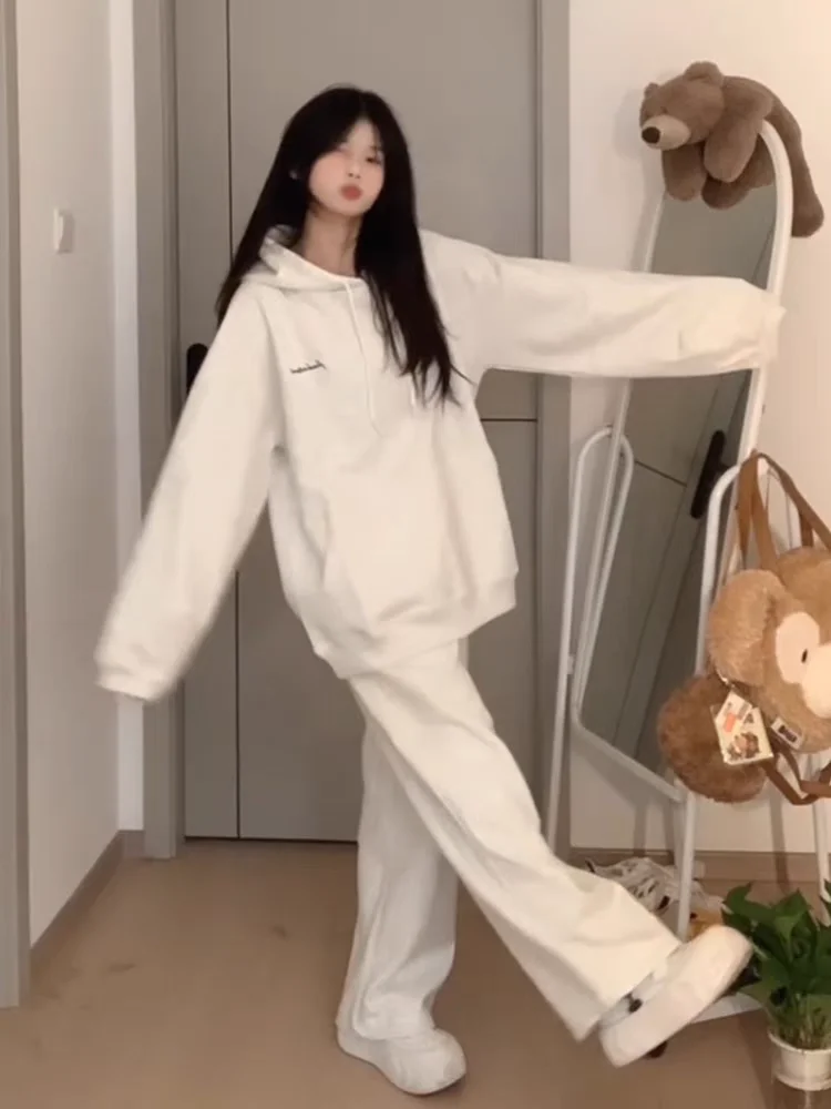 

Grey hoodie women's floral grey hooded American heavy pound white thick ink autumn and winter plus velvet set