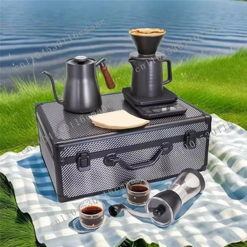 Travel Coffee Set for Camping Picnic Suitcase Coffee Accessories Set Feature Manual Grinder Dripper Server Kettle Mug Scale