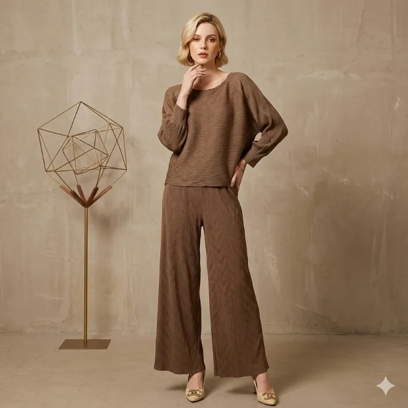 

Женский плиссированный брючный костюм Miyake - Оверсайз, новинка весны 2026, широкие брюки, комплект с плиссировкой - Свободный повседневный комплект из 2 предметов