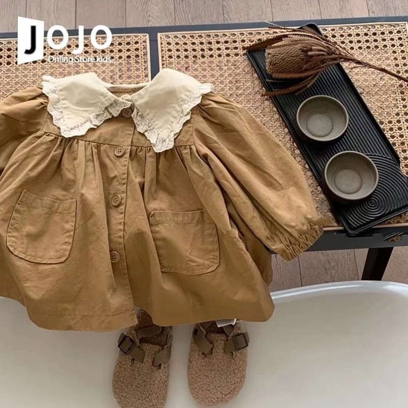 

Trench Childrens Clothing Girls Autumn Sweet Doll Collar Coat Fashion New Baby Brown Long Sleeved Versatile Tops