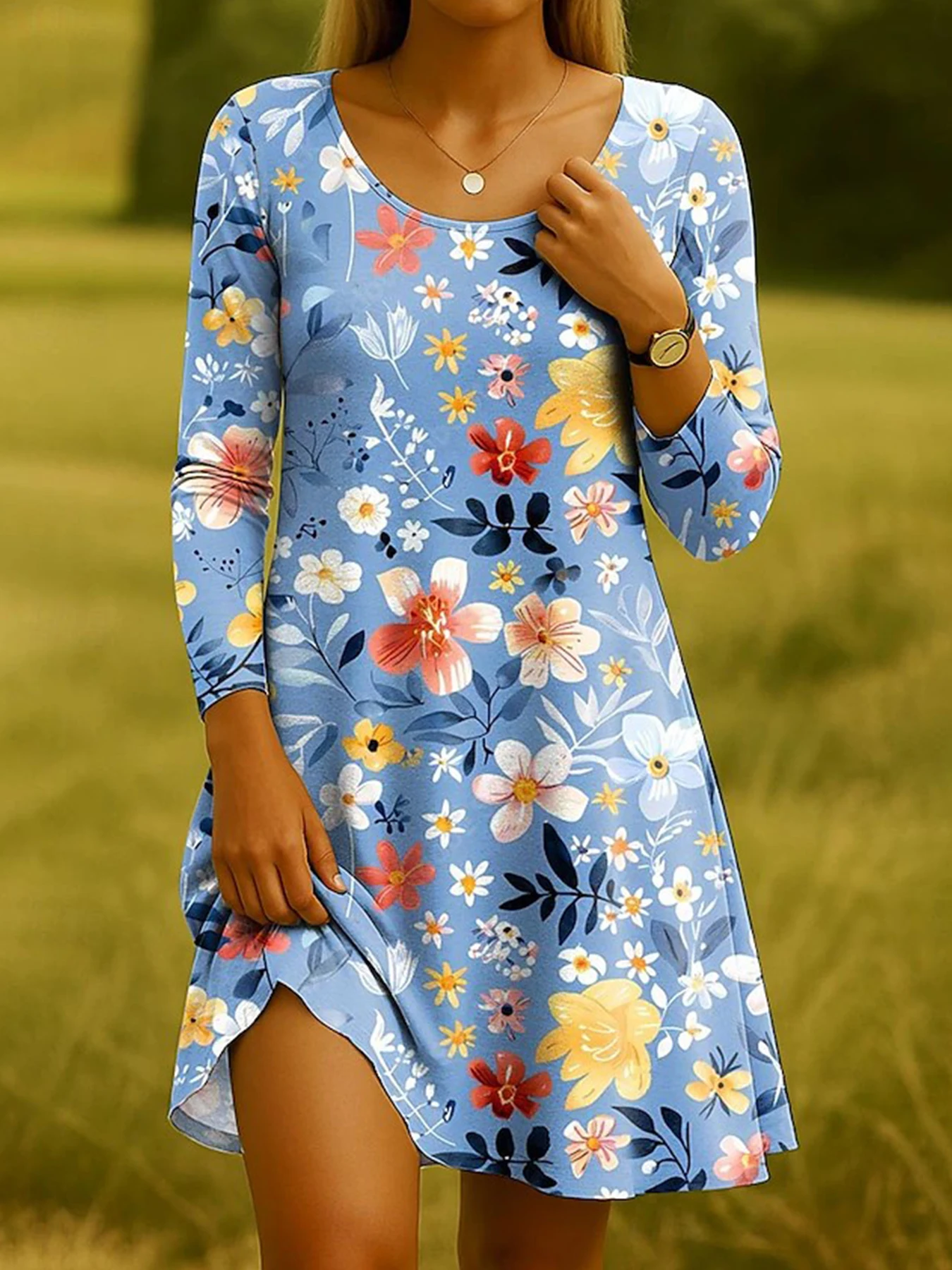 فستان نسائي قصير أنيق برقبة دائرية وأكمام طويلة فستان جرافيك كاجوال على شكل حرف A فستان ربيع خريف وشتاء