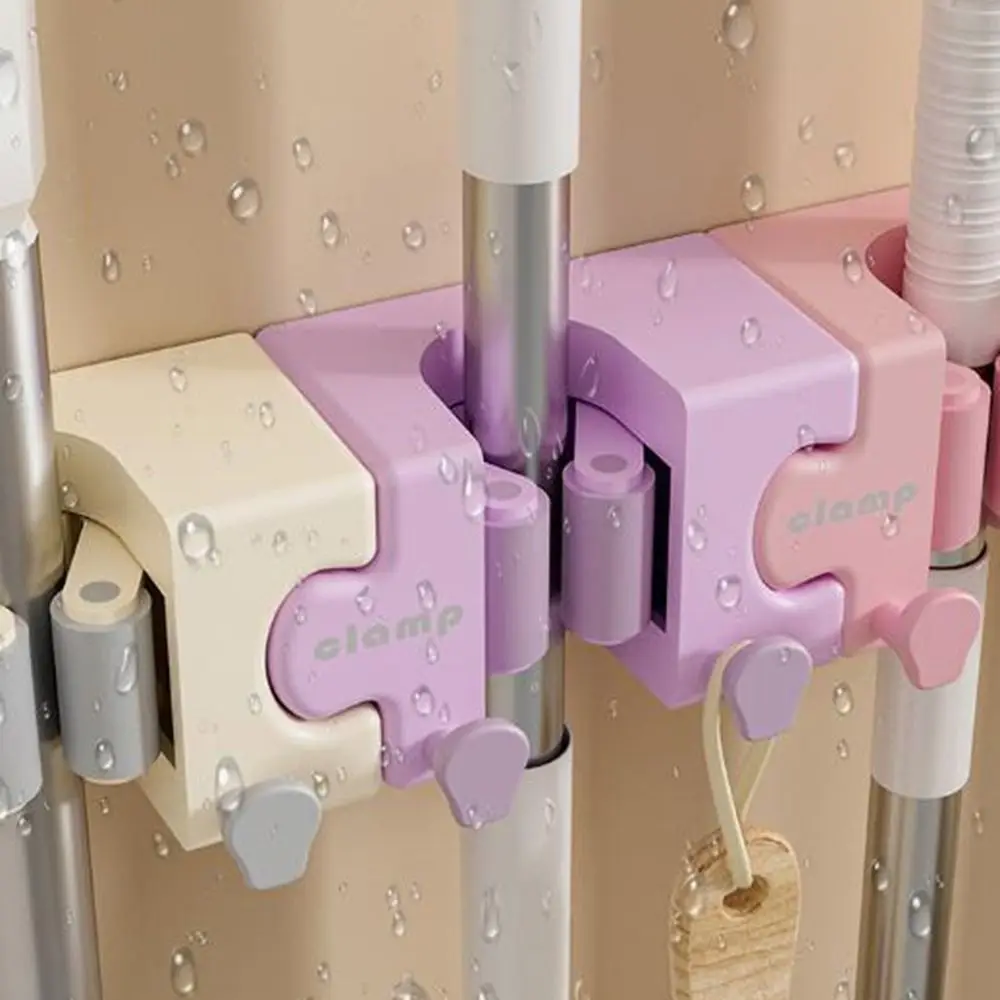 No Drill Puzzle Splicing Mop Broom Holder Self Adhesive Space Saving Macaron Mop Clip Wall Mounted with Hooks Broom Storage Clip