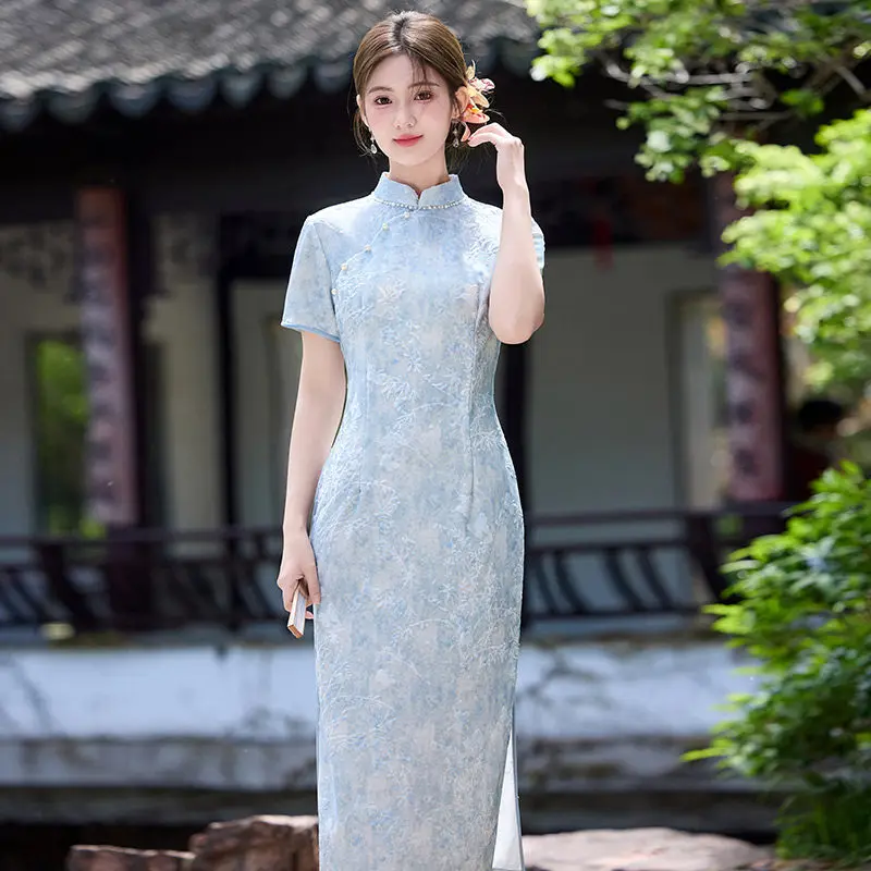Blue National Style New Chinese Style Suzhou Long Cheongsam Improved Young Style 2026 New Female Dress Qipao
