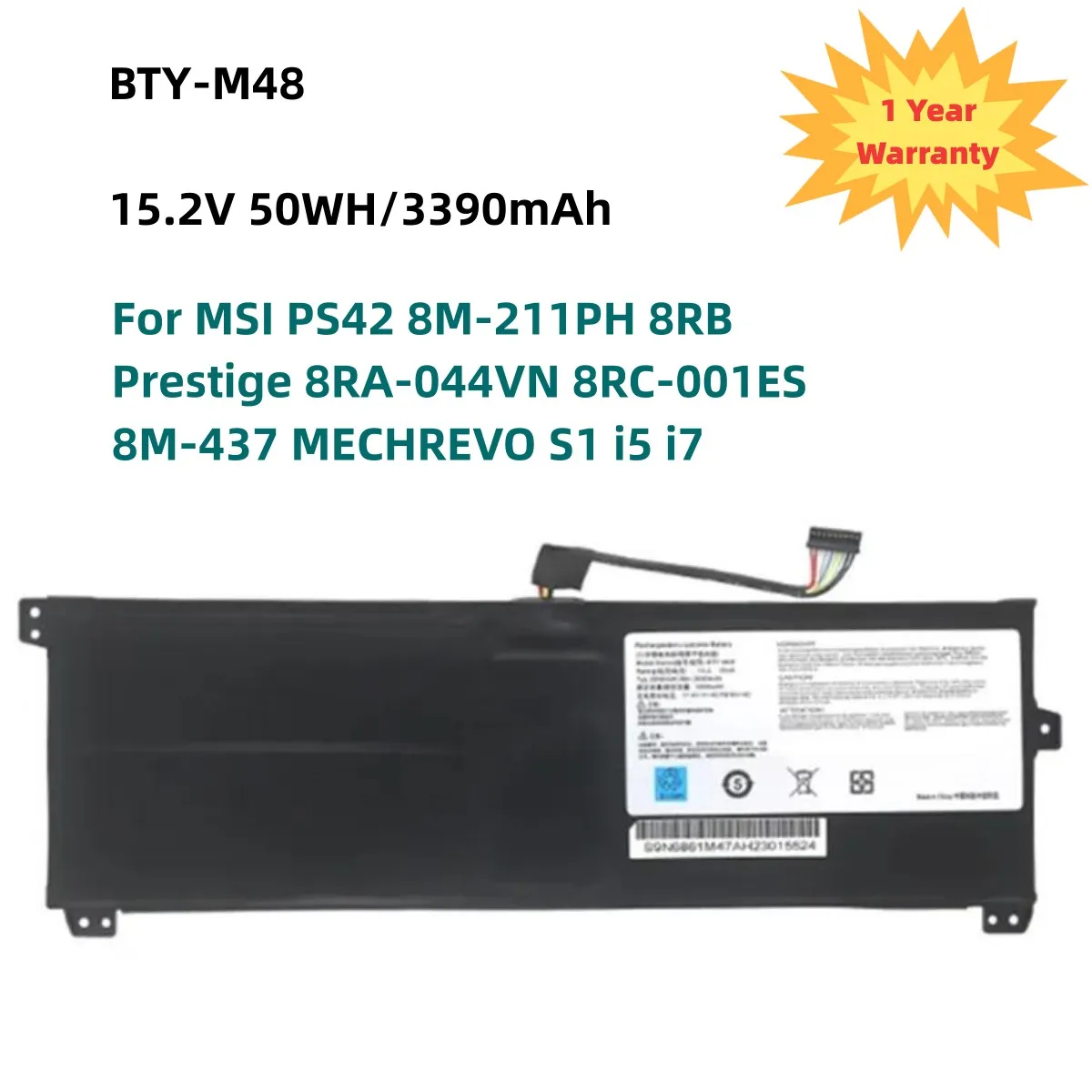 

BTY-M48 4ICP5/41/119 Battery For MSI PS42 8M-211PH 8RB Prestige 8RA-044VN 8RC-001ES 8M-437 MECHREVO S1 i5 i7 15.2V 3390mAh