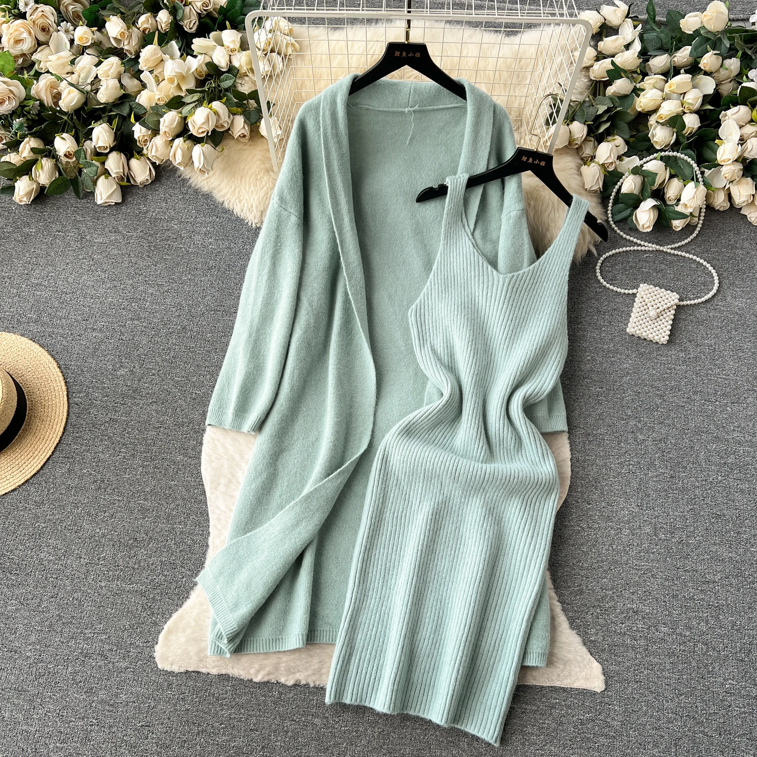 ALPHALMODA 2024 Autumn Winter Lazy Sweater Set Women Knitted Cardigan Jacket + Medium Long Vest Dress 2pcs Fashion Suit