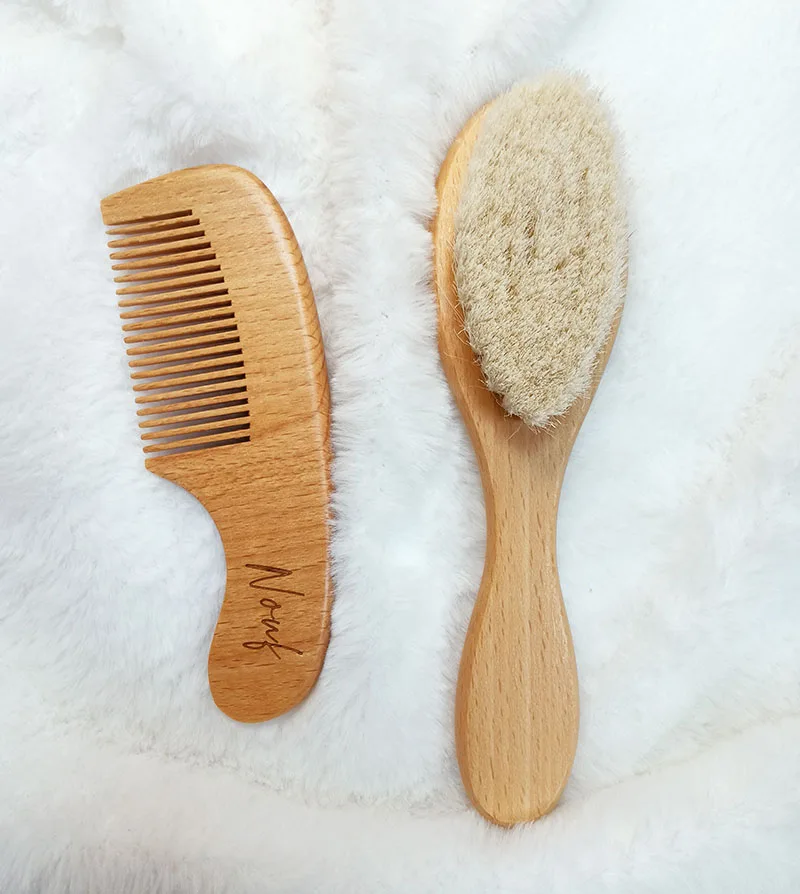 Baby Hair Brush And Comb Custom Baby Wooden Hair Brushes for Kids Comb Set Goat Hairbrush Wood Combs Birthday Baby Shower Gifts