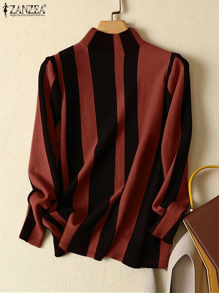 

ZANZEA 2023, осенняя женская футболка с высоким воротом, богемные трикотажные футболки с цветными блоками, топы с длинными рукавами, повседневные топы в нерегулярную полоску