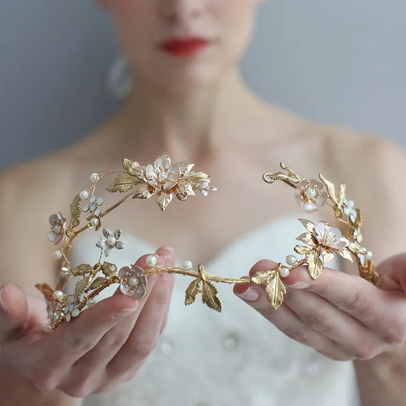 Gold Color Leaf Floral Wedding Tiara Hair Crown Rhinestone Accessories Handmade Bridal Headband Women Party Headpiece