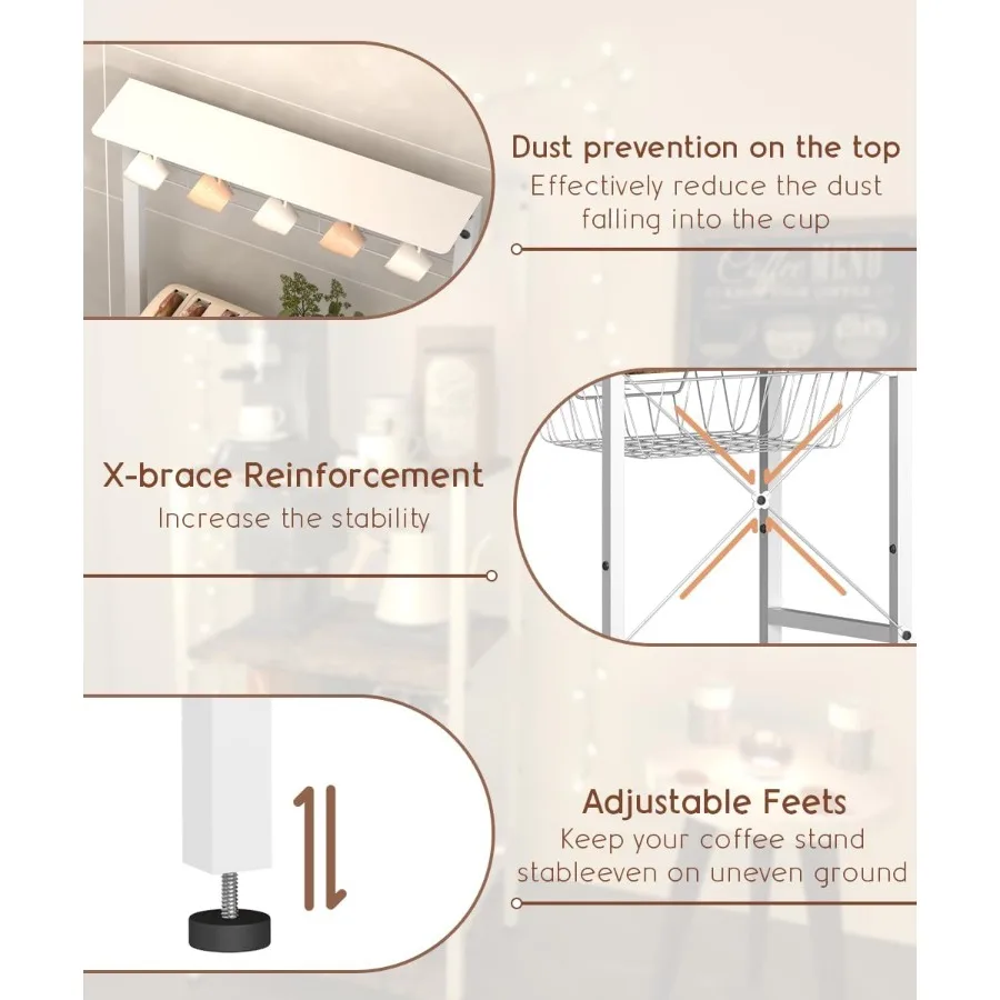 رف خبازات زاوية لمحطة بار القهوة مكون من 4 طبقات مع 5 خطافات سلكية وحامل ماكينة صنع القهوة لرف تخزين المطبخ بمساحة صغيرة