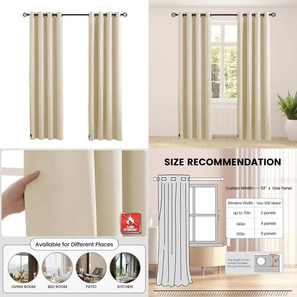 

Бежевые огнестойкие плотные шторы, набор из 2 панелей для классных комнат, общежитий и детских размеров, 52x63 дюйма