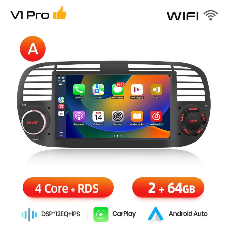 Junsun Android Multimedia Systeem voor Fiat 500 500C Abarth 2007 tot 2015 Touchscreen CarPlay Draadloos Android Auto GPS Navigatie Geïntegreerd Bluetooth Handenvrij Bellen USB Wifi Digitaal Radio Auto