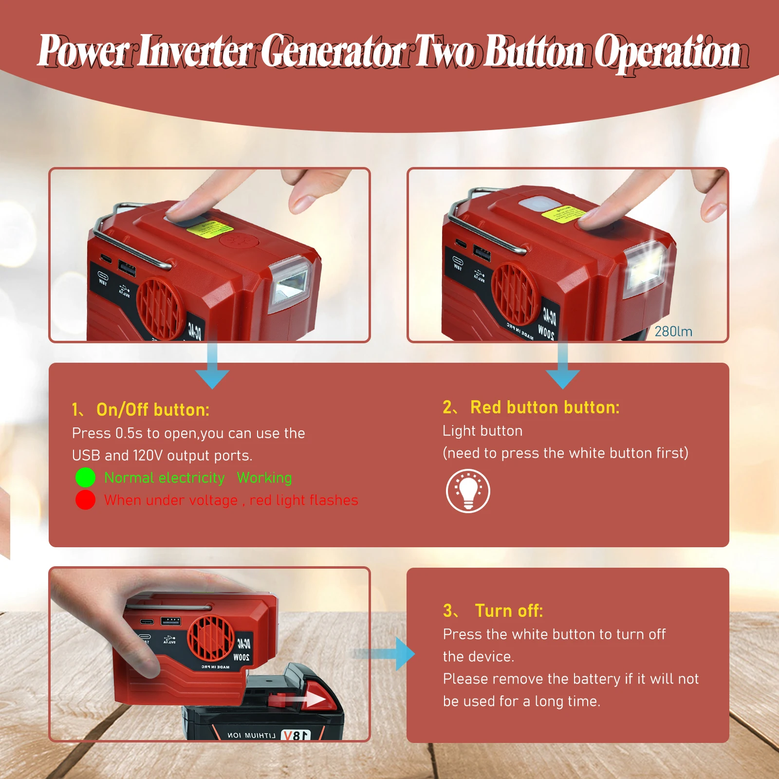 Imagem -05 - Inversor de Energia para Bateria Milwaukee Adaptador de Energia Senoidal Modificado Luz de Trabalho Led Porta Usb tipo c ca 120v 220v 200w