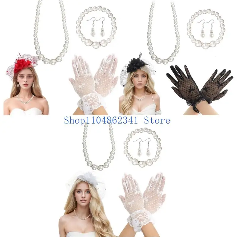 

5asd 50-х годов шляпа-чародей для женщин, аксессуары для чайной вечеринки с кружевными перчатками, жемчужным ожерельем, серьгами