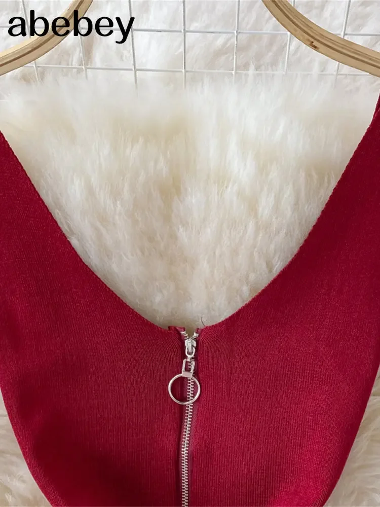 Zipple  2026 Sexy Summer Knit Strap Dress Women Tank Elatic Waist Bodycon Sundress Female Beach Split Backless Midi Dress