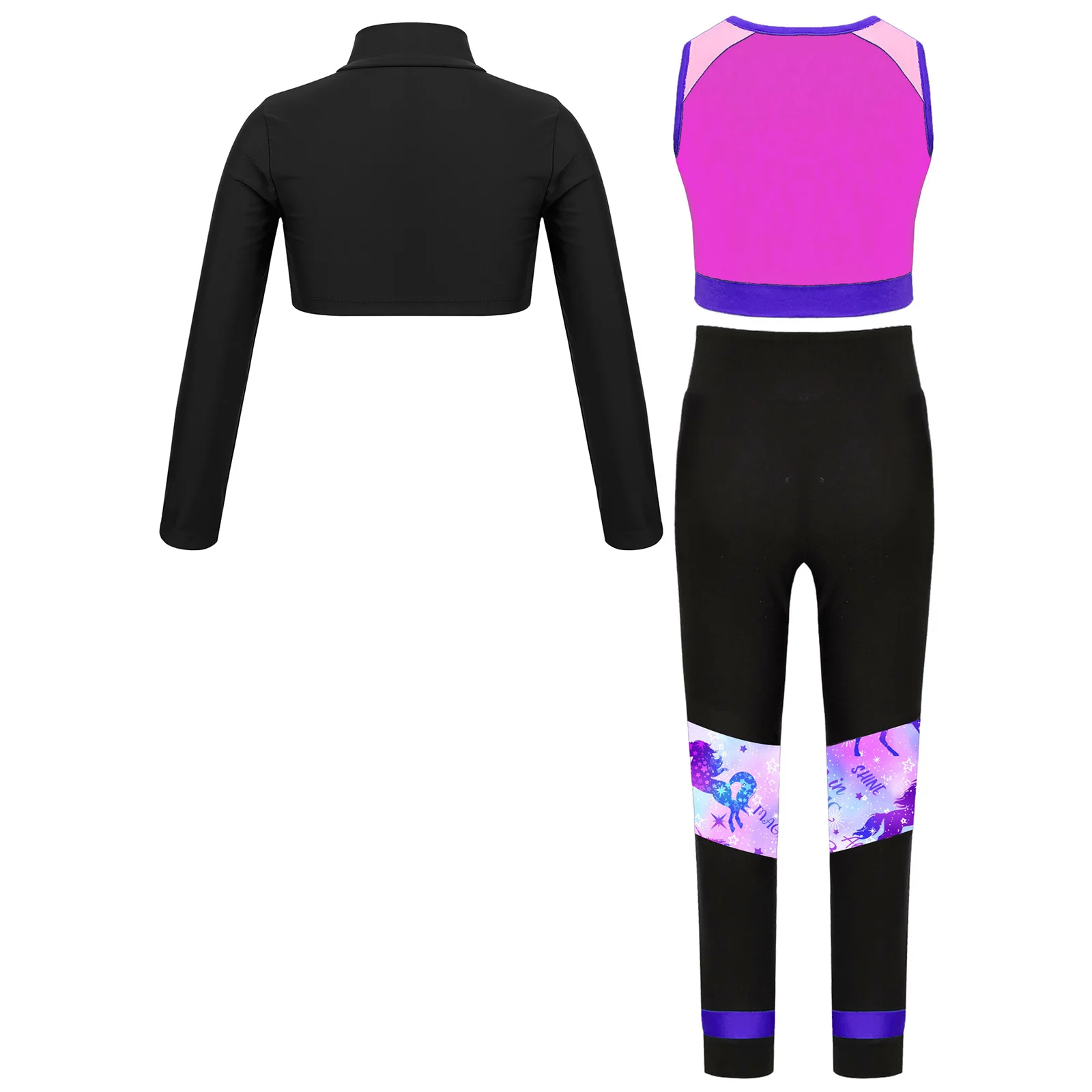 Girls Gymnastic Workout Athletic Outfits Printing Tank Crop Leggings And Long Sleeves Crop Top Set for Cycling Hiking Sportswear