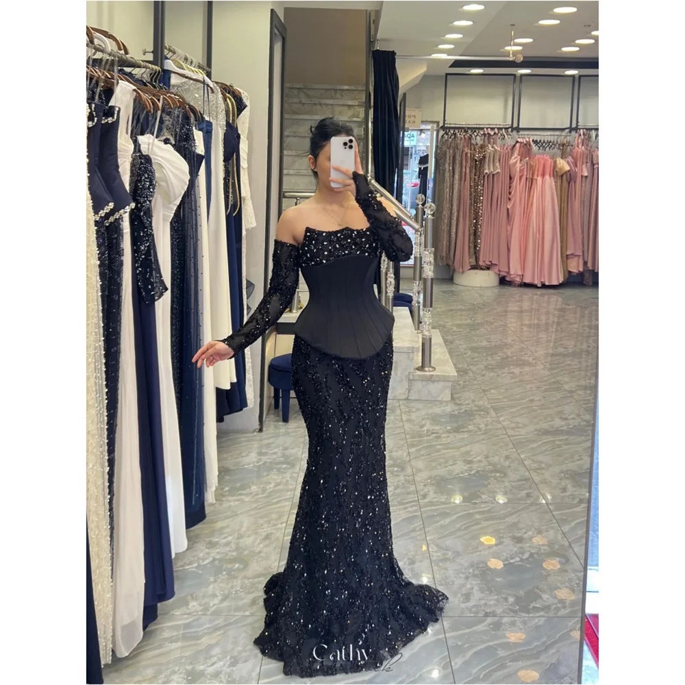 

Cathy Customized Black Luxury Beads Mermaid Prom Dress Detachable Sleeves vestidos de noiva Floor-length Formal Evening 2025
