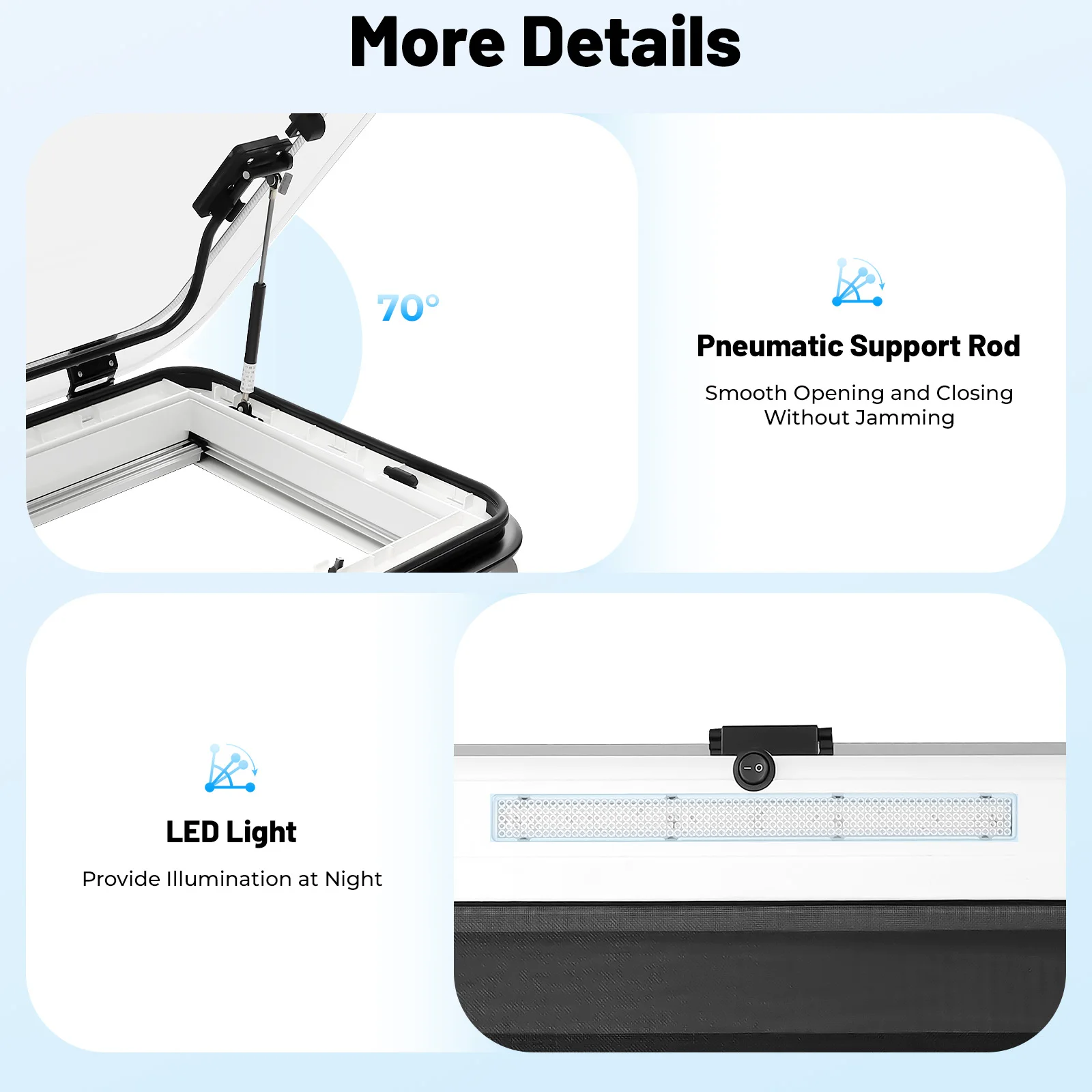 700x500 مللي متر RV LED كوة نافذة السقف مع مصباح ليد سقف متنقل فتحة تنفيس 70 ° فتح سبائك الألومنيوم مقاوم للماء #4