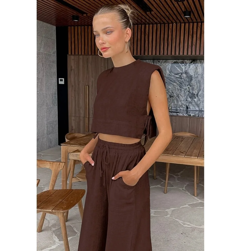 Summer Vacation Two Piece Suit Sleeveless Tank Long Pant Cut Linen Garment Euro America Style Ramie Cotton Casual Matching Gear