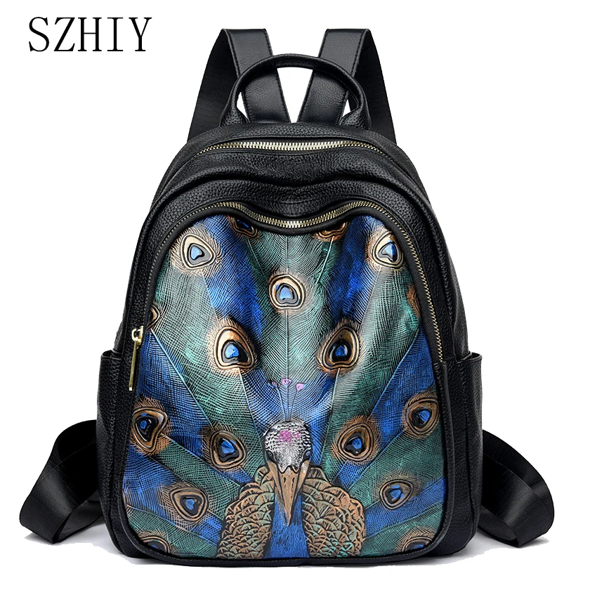 

Водонепроницаемый рюкзак высокого качества для женщин с 3D тиснением павлина в этническом стиле, дизайнерская дорожная сумка с мягкой спинкой, роскошная Mochila Preta