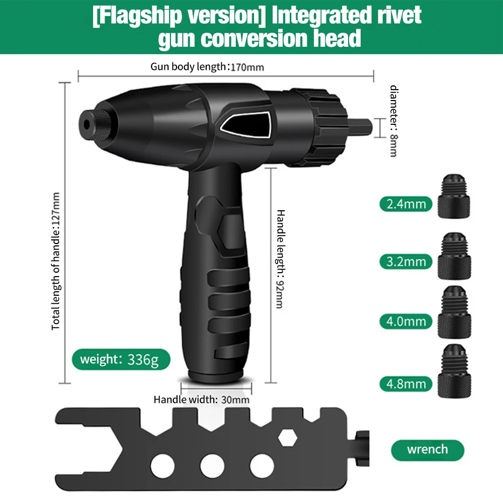 Pistola remachadora eléctrica, herramienta remachadora inalámbrica integrada sin instalación, adaptador de broca, 2,4mm-4,8mm