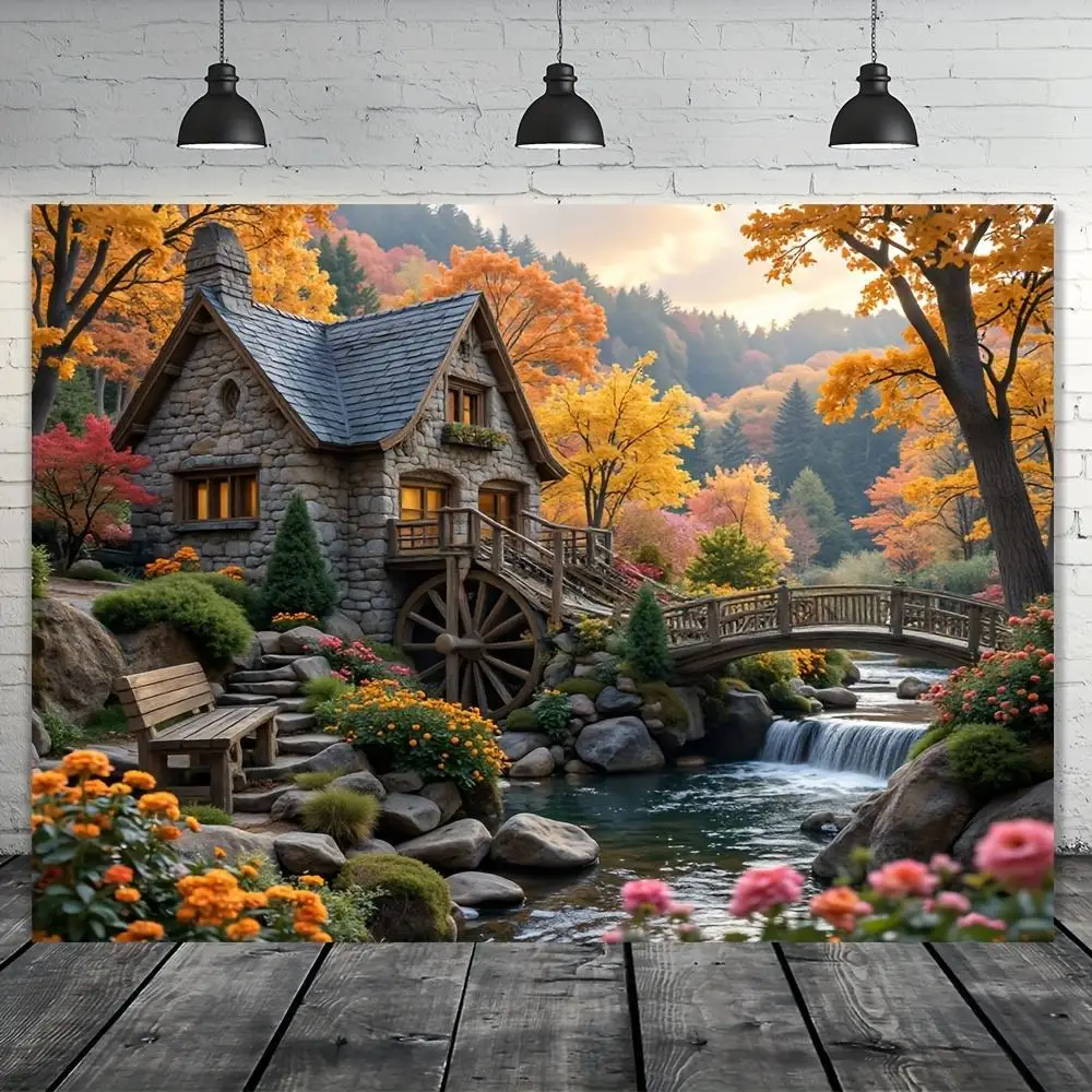 Large Autumn Scenery Backdrop Banner with Vibrant Fall Foliage, Cottage & Stream - Horizontal Landscape Photo Background for Tha