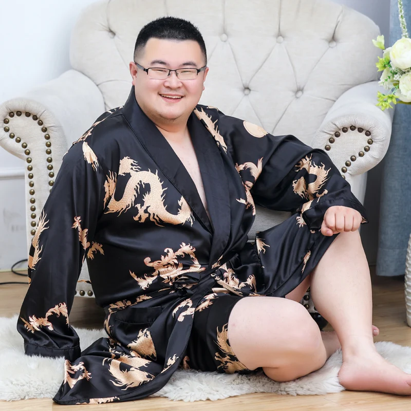 Plus Size 5XL Kimono Robe Luxury Men's Silky Long Sleeve Dragon Printing Dressing Gown Bathrobe Sleeprobe Male Lounge Home Wear