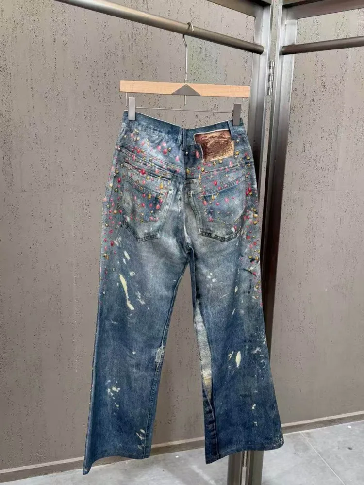 Spring Summer Vintage Ladies Elegant Office Diamonds Printed Straight Pants Denim Pants Designer Streetwear Women Wide Leg Jeans