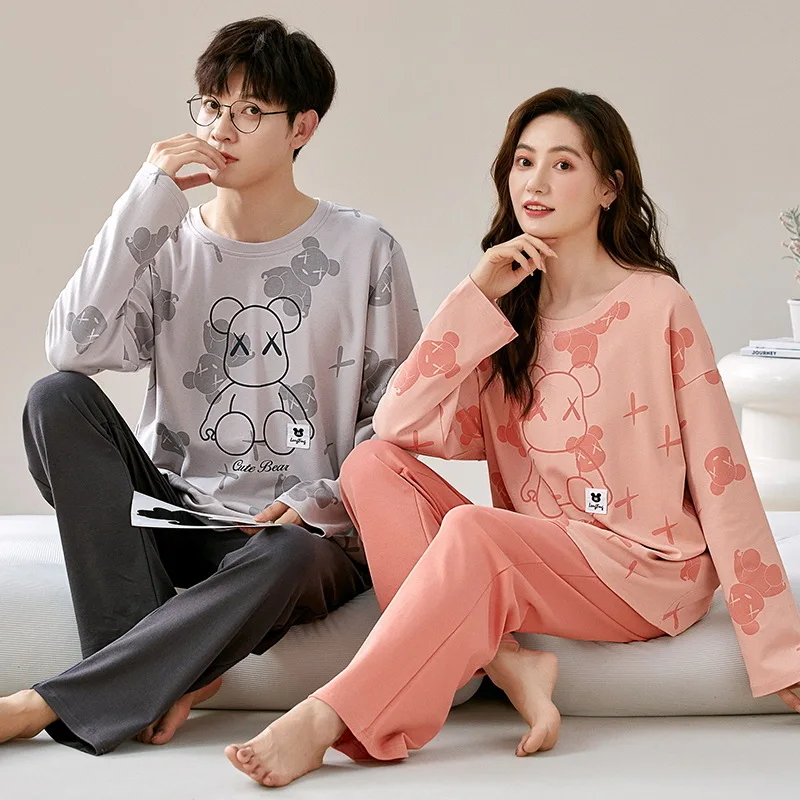 Autumn Couples Sleepwear Women Men Pajama Set Korean Loose Pijama Mujer Cartoon Bear Long Sleeve Cotton Pyjama pijamas de pareja