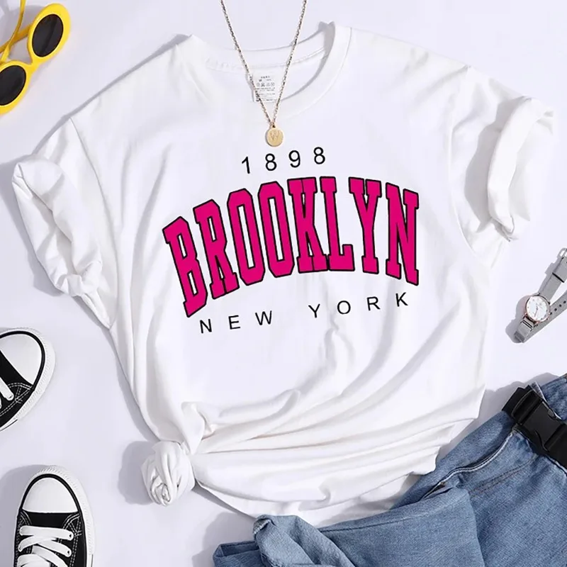 

1898 Brooklyn New York Pure Cotton Cartoon Printed T-shirt Summer New Trend Men's and Women's Casual Loose Round Neck T-shirt