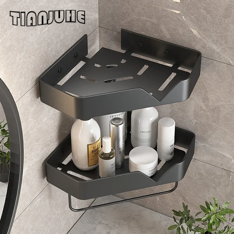 

Black Bathroom Corner Shelf Stainless Steel Shower Shampoo Soap Cosmetic Kitchen Holder Bath Accessories Nail Punch Chrome