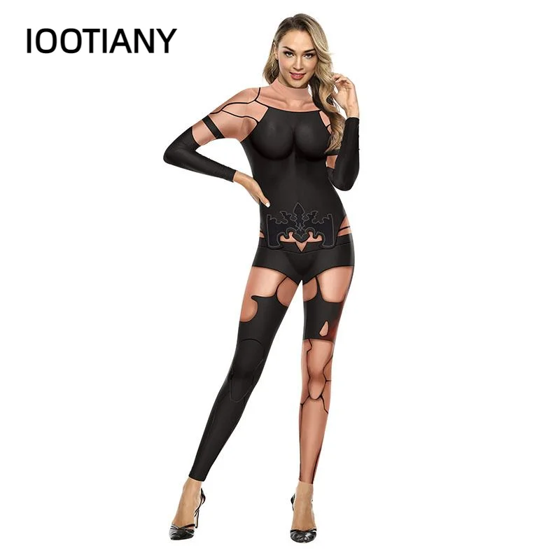 IOOTIANY Royal Sister Game Wind Print Sexy Bodysuits Women  Long Sleeve Cosplay New Party Black Silk Stockings Jumpsuits 2024