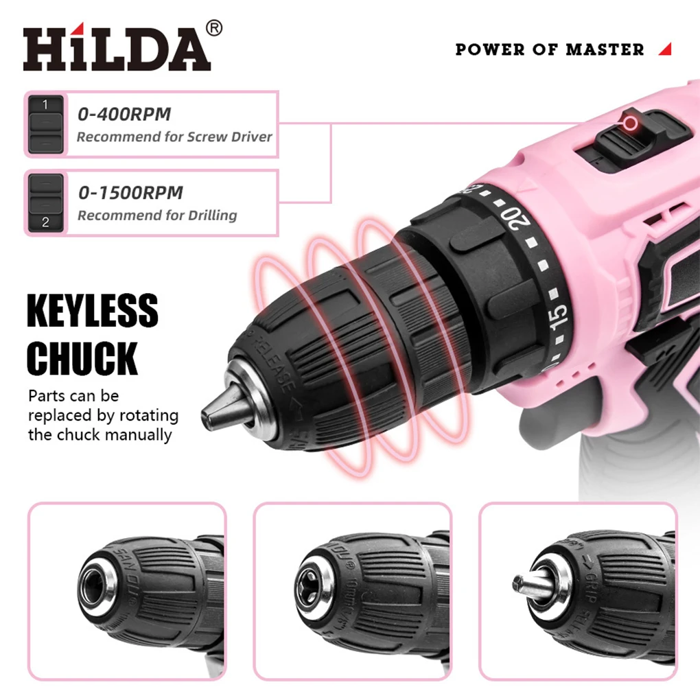 HILDA 21V Rechargeable Household Impact Drill Lithium Battery Hand Drill Electric Screwdriver Set with Drill Bits Bag