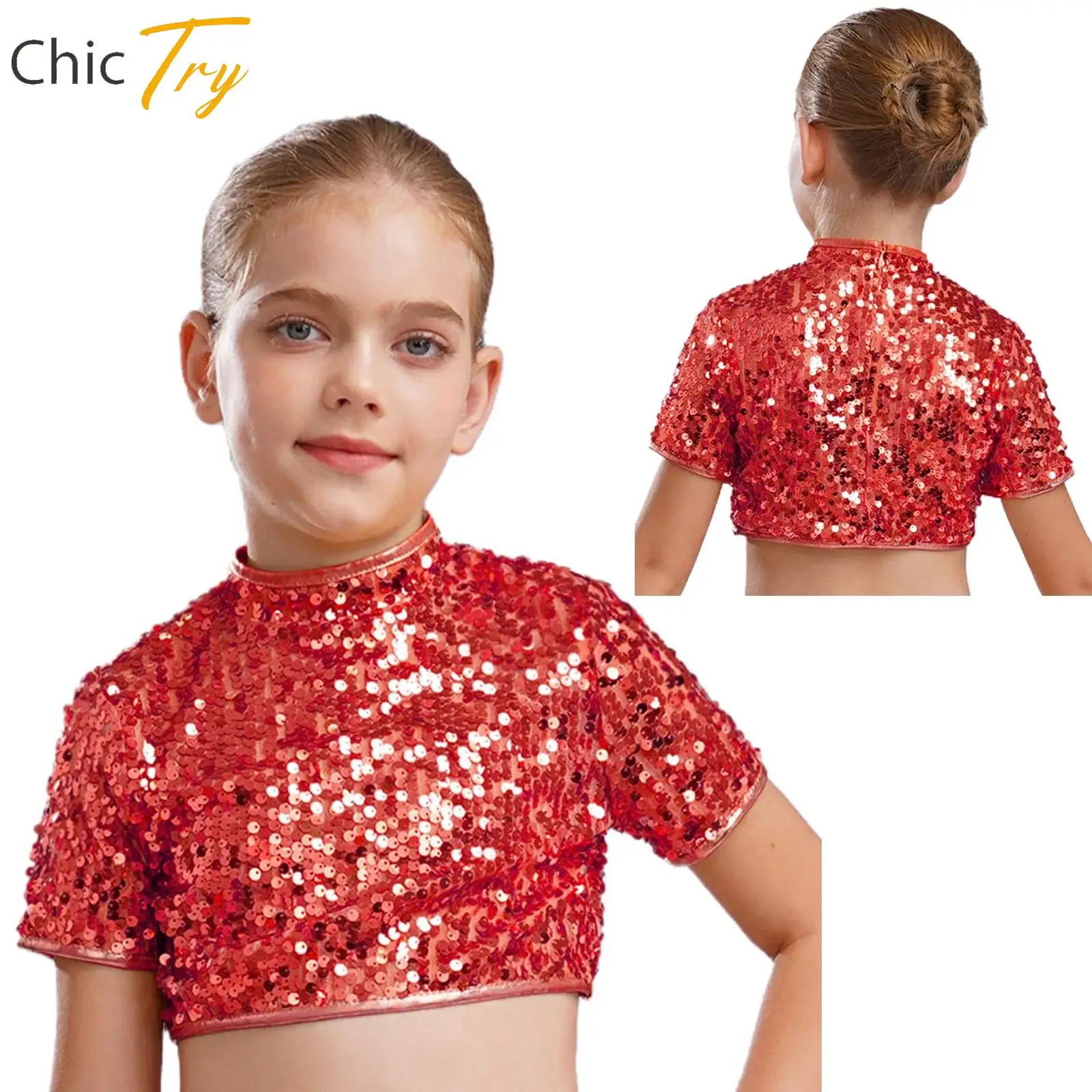 

2025 New Children Girls Cheerleading Jazz Dance Performance Costume Short Sleeve Sparkly Sequins Crop Top for Halloween Carnival