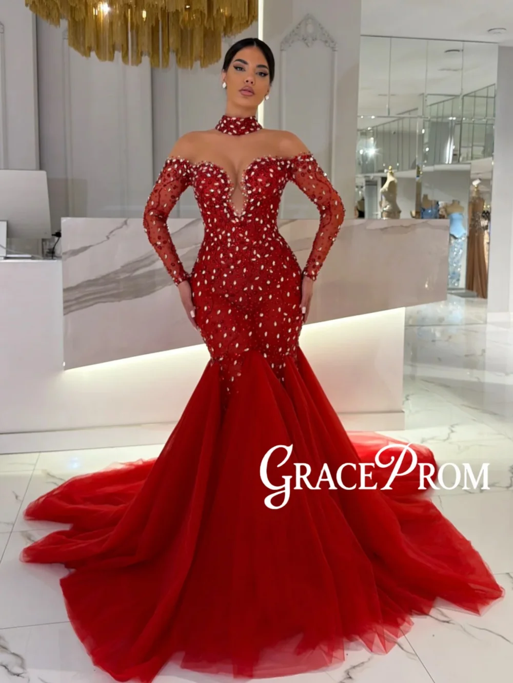 

Red Shimmering Crystal Evening Dress Floor-length Opulent Mermaid Wedding Party Gown New Customized Stunning Red Carpet Gowns