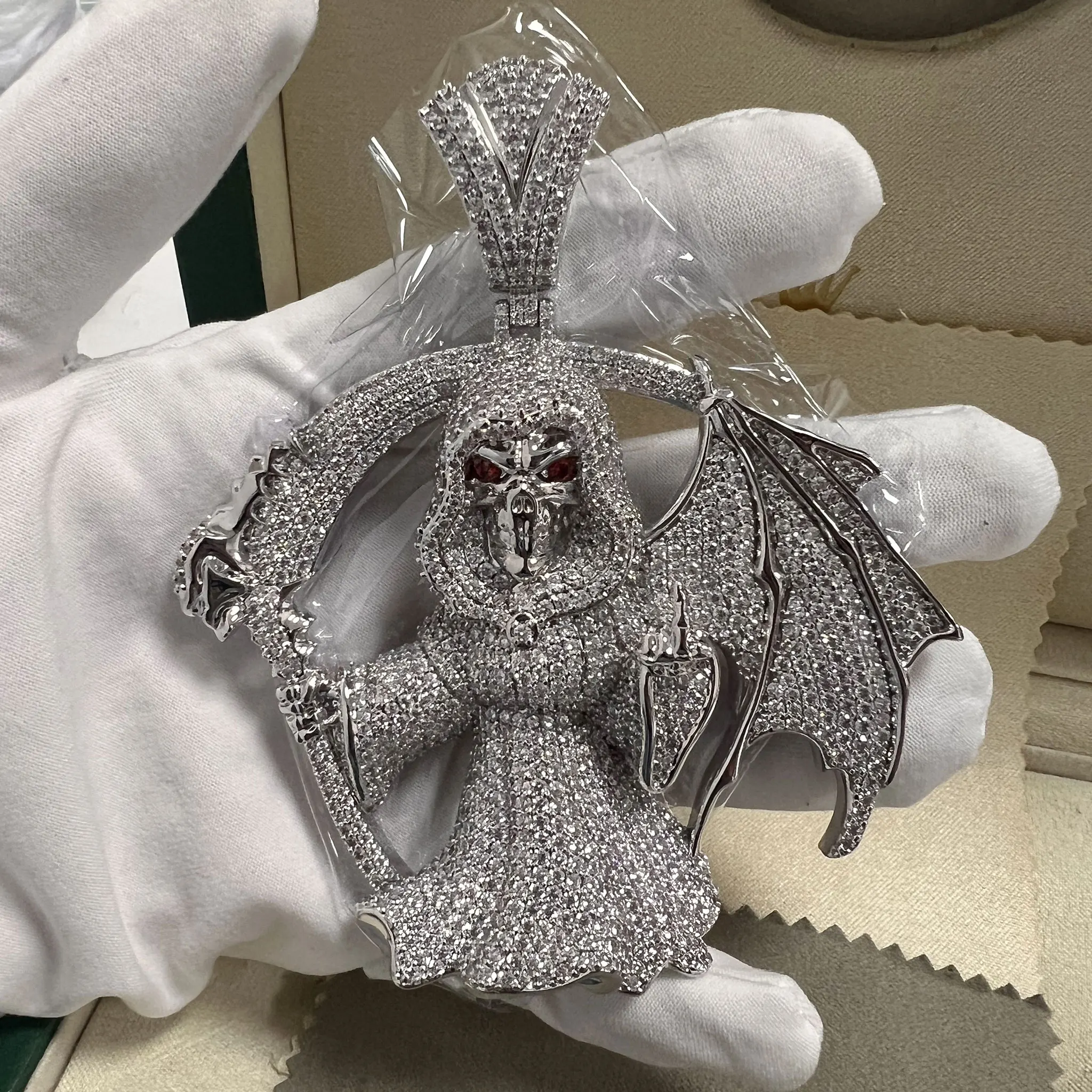 LYEE CYEE Exquisite Full Paved CZ Death Pendant, Gothic Reaper with Scythe & Wings Design, Luxury Hip Hop Jewelry