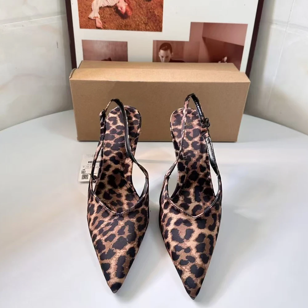 Zafetou Shoes Women 2024 Winter New Style Cusp High-Heeled Shoes Sexy Narrow Heel With Empty Leopard Print Women's sandals