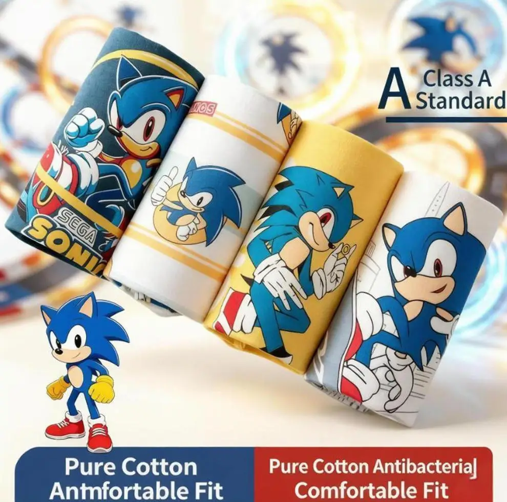 Kit com 4 Cuecas Boxer Infantis de Algodão 100% com Estampa de Ouriço Sonic e Amy Shadow - Presente Fofo para Crianças
