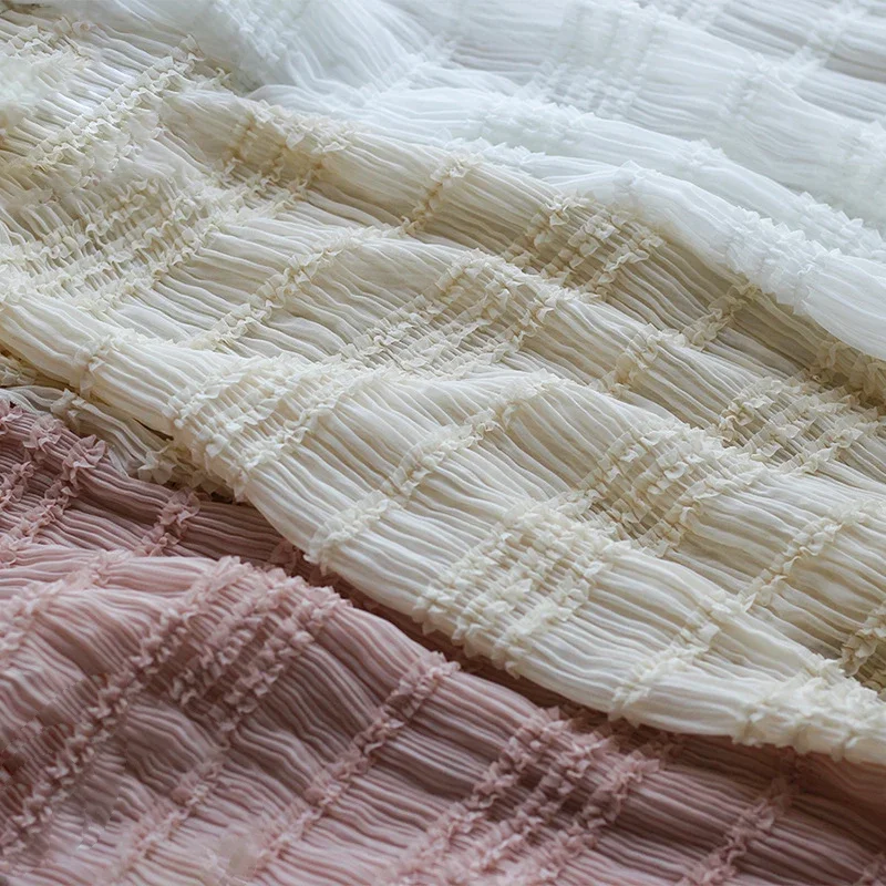 Fairy Chiffon Fabric with Embroidered Stripes And Hooks Stretch Tulle for Wedding Dresses Wrinkled Texture by the Meter