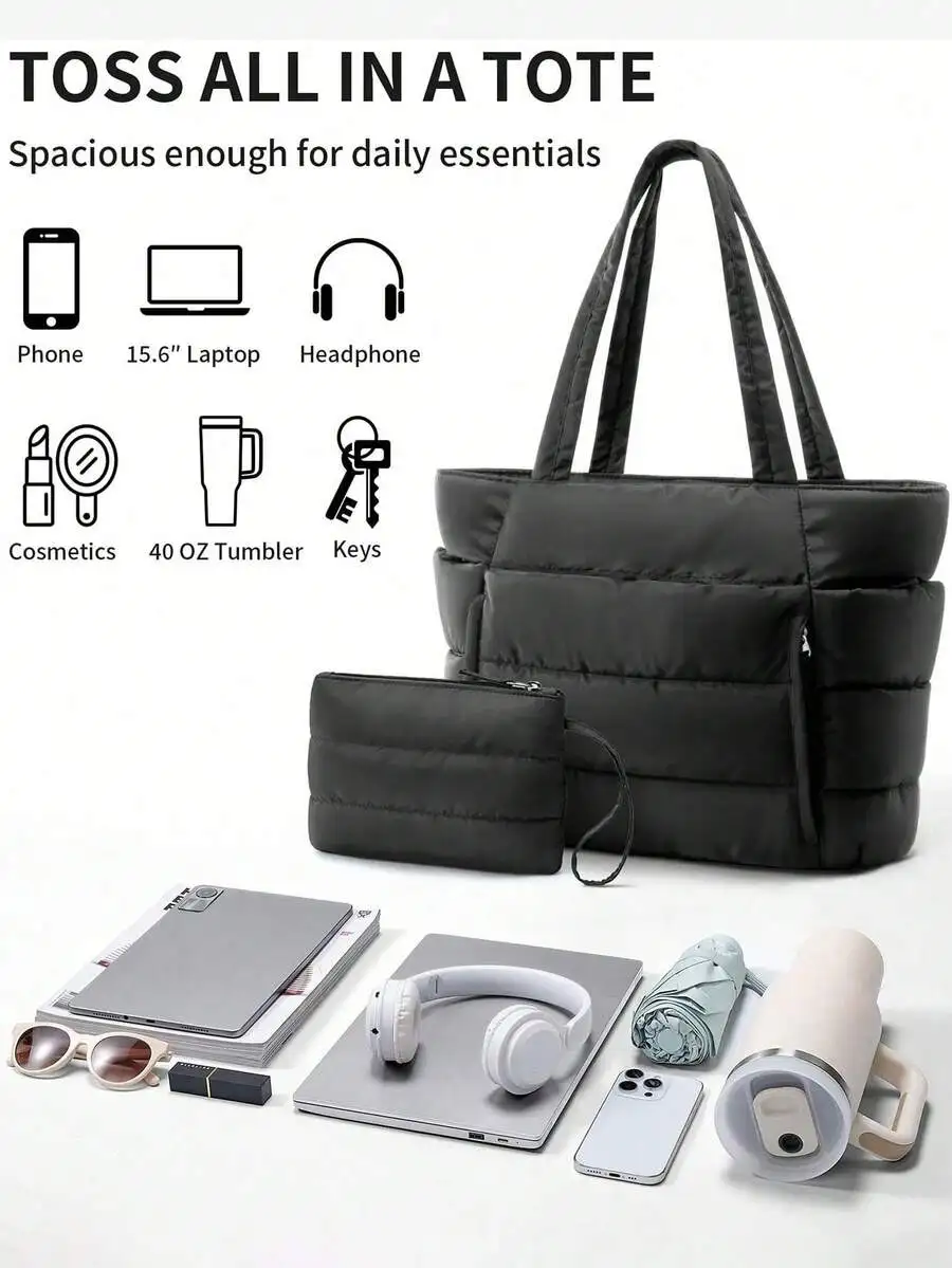 

Lightweight Puffy Quilted Tote Bag With Zipper, Spacious For Laptop 15.6 Inch, Headphones, Tumbler And Daily Essentials