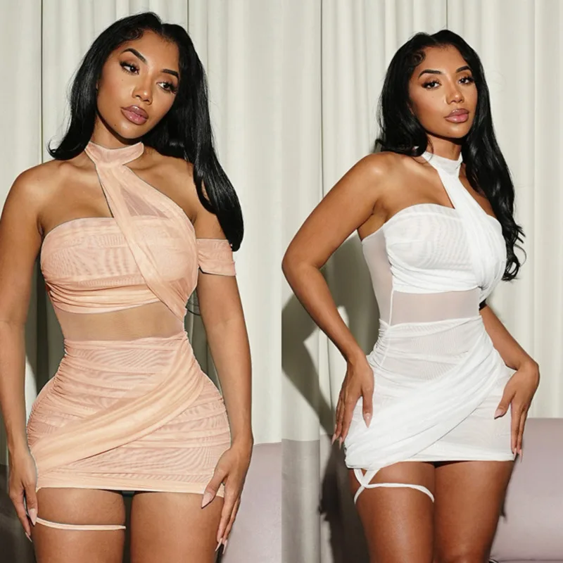 

Sexy Sheer Mesh Asymmetric Mini Dress Trendy Halter Neck Backless Smocked Bodycon Dress Fashion Women's Party Club Fitted Dress