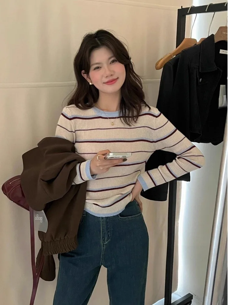 لون Blo شريط مستدير Ne Long Sve محبوك قاعدة irt المرأة ort Sle الكورية Faion ملابس داخلية للخريف #1