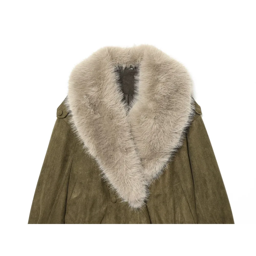 Vintage Stylish Suede Leather Jackets for Women New in Gorgeous Notched Lapel Collar Outwear with Removable Contrasting Faux Fur