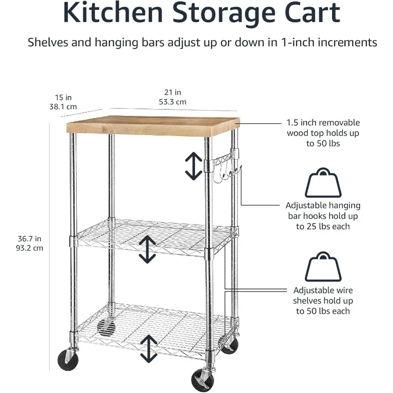 Kitchen Storage Microwave Rack Cart on Caster Wheels with Adjustable Shelves, 175 Pound Capacity, 21 x 15 x 36.7