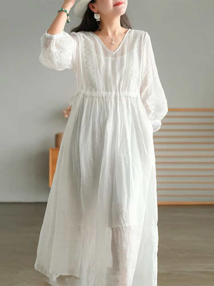 Women Summer Casual Dress New Arrival 2022 Vintage Style V-neck Lace Loose Comfortable Ladies Elegant A-line Long Dresses D386