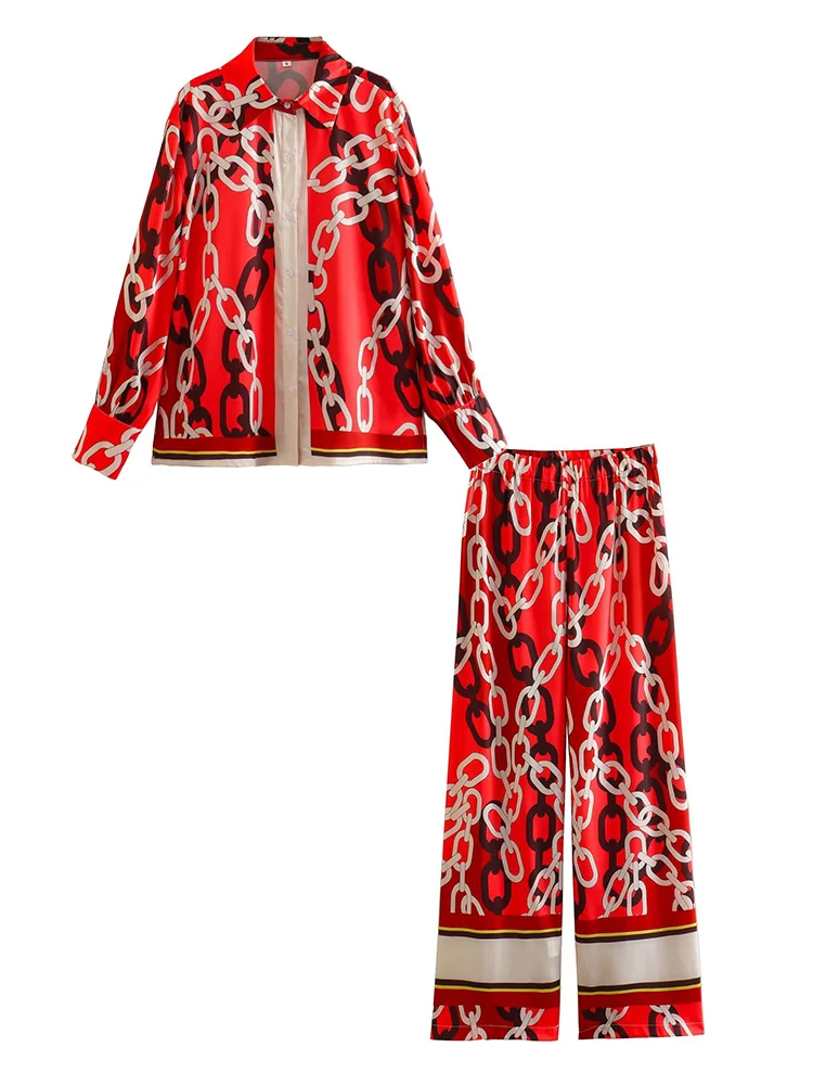 

New Fashion Women Pajamas Set Pleats Printed Blouses Vintage Pants 2 Pieces Set Long Sleeve High Waist Trousers Female Sleepwear