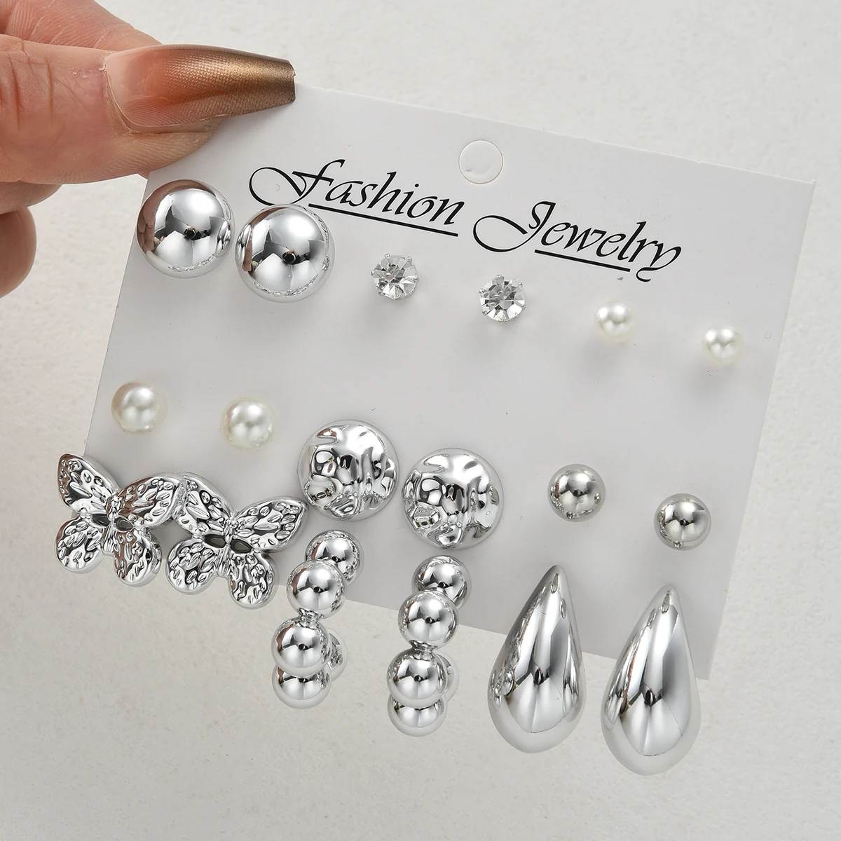 9 Pairs Bohemian Butterfly Earring Set for Women Silver Color Pearl Zircon Geometric Water Drop Earrings Daily Wear Jewelry Gift